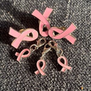 BREAST CANCER AWARENESS 3 Pink Ribbon Jewelry Pins and 3 Ribbon Charms